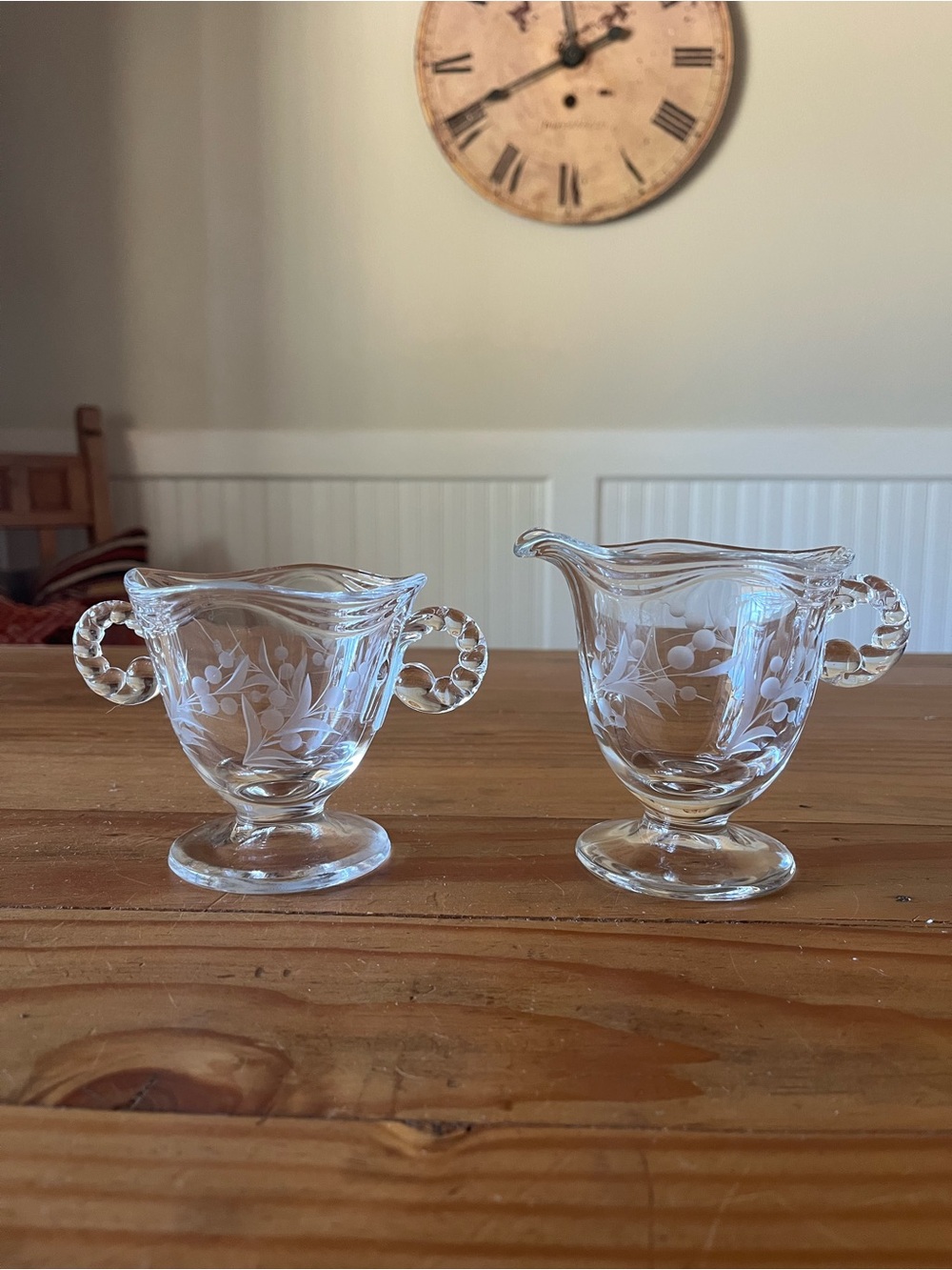 Vintage Imperial Glass Etched Rope Looped Handle Sugar Creamer